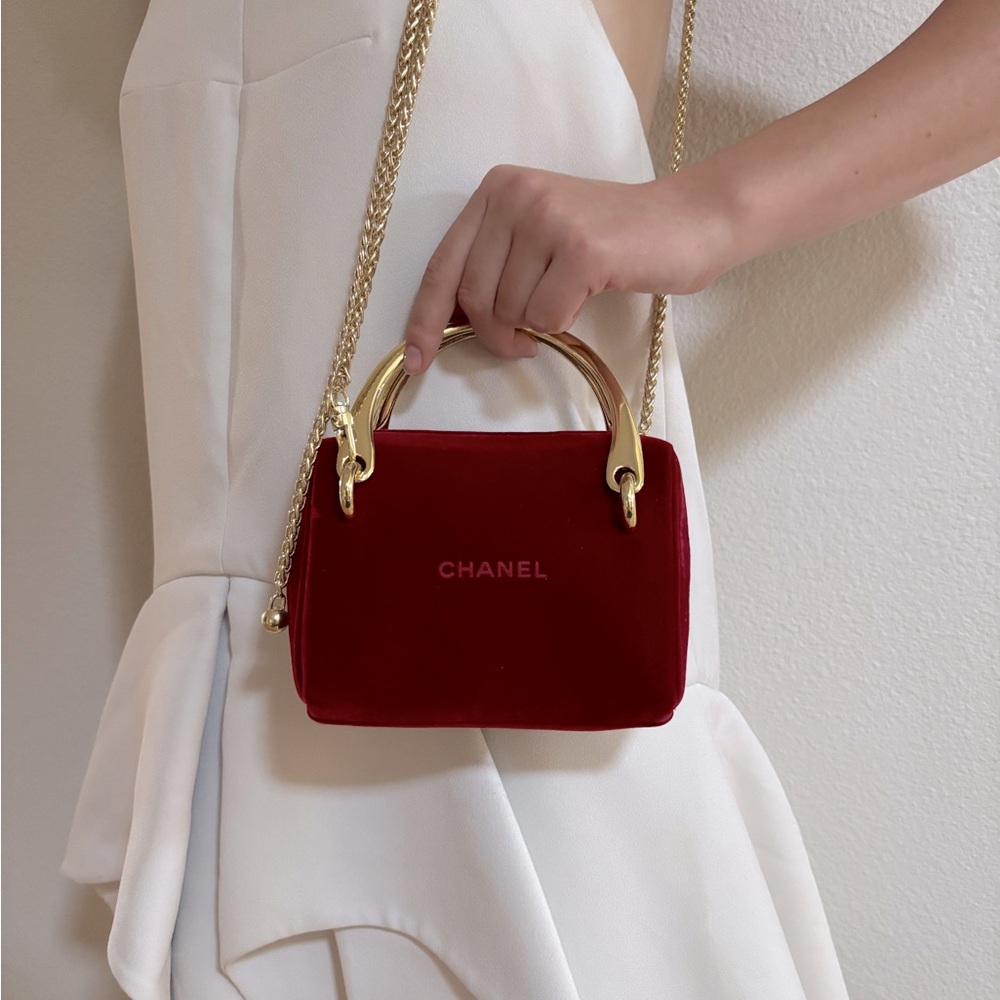 CHANEL Mini Red Velvet Bag with Gold handles logo adjustable chain